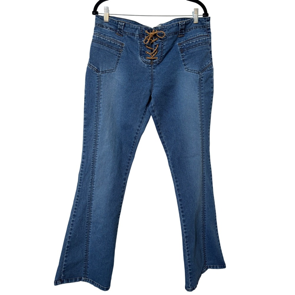 Y2K Traffic Womens Lace Up Front Flare Jeans Western Womens M Wash Blue Stretch